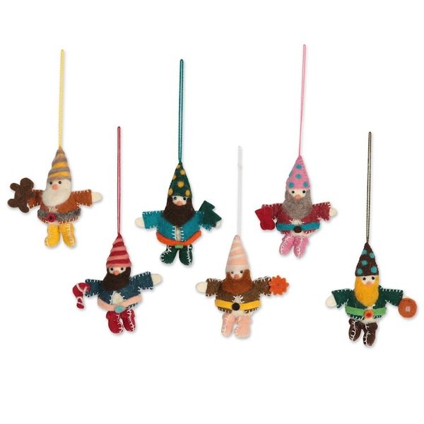 Alternate image for Handcrafted Wool Felt Christmas Ornaments Set of 6 Glad Tiding Gnomes