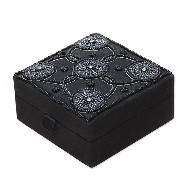 Alternate image for Handmade Black Cotton Beaded Jewelry Box from India Midnight Blooms