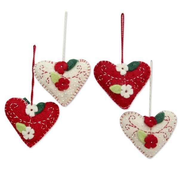 Alternate image for Handcrafted Felt Heart Ornaments in Red and Ivory Set of 4 Joyful Hearts
