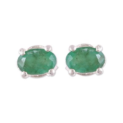 Alternate image for Faceted Green Oval Emerald Sterling Silver Stud Earrings Ravishing Green
