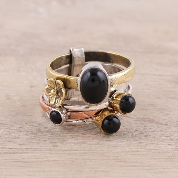 Alternate image for Sterling Silver Copper Black Onyx Cocktail Ring Midnight Flowers