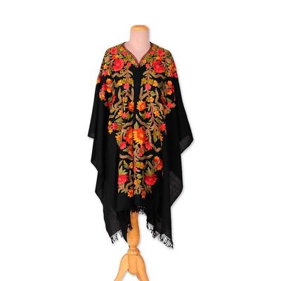 Alternate image for Black Embroidered Wool Cape with Floral and Leaf Motifs Midnight Sophistication