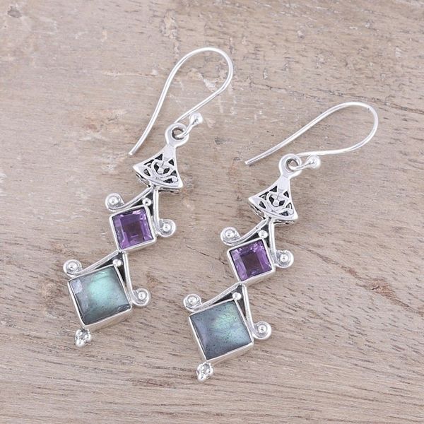 Alternate image for Square Labradorite and Amethyst Dangle Earrings from India Tower Charm