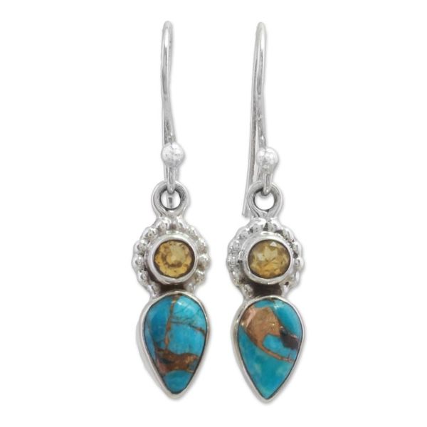 Alternate image for Citrine and Composite Turquoise Dangle Earrings from India Watery Allure