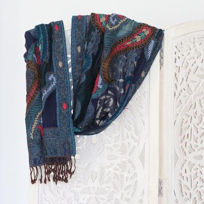 Alternate image for Hand-Embroidered Midnight Blue Wool Shawl Paisley Dreams