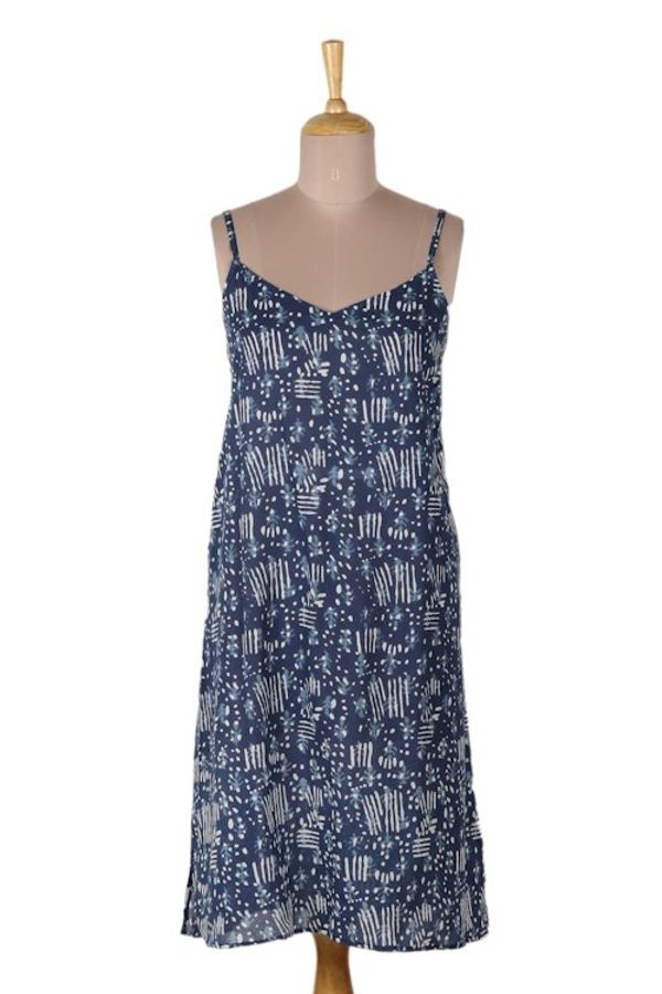 Alternate image for Sleeveless Indigo Cotton Nightgown with Printed Pattern Creative Indigo