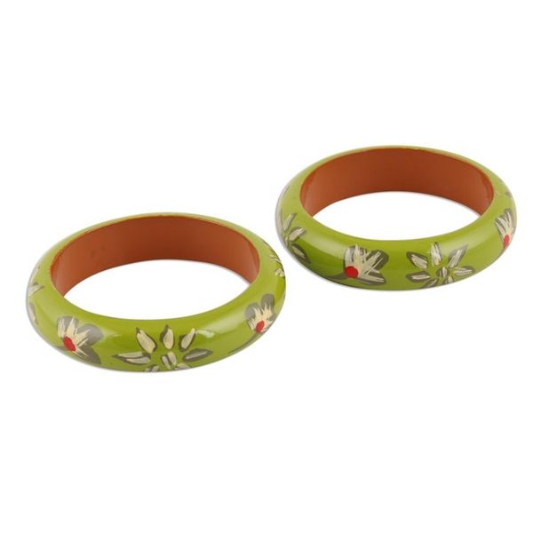 Alternate image for Floral Haldu Wood Bangle Bracelets in Lime from India Pair Lime Bloom