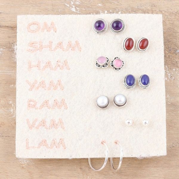Alternate image for Set of 7 Polished Sterling Silver Earrings with Gemstones Precious Auras