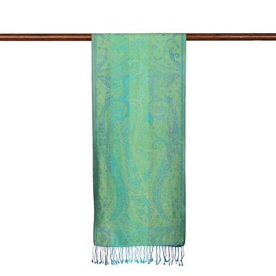 Alternate image for Green and Turquoise Silk Scarf with Leafy and Classic Motifs Green Heaven