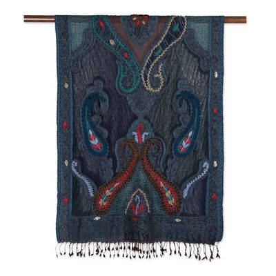 Alternate image for Hand-Embroidered Midnight Blue Wool Shawl Paisley Dreams