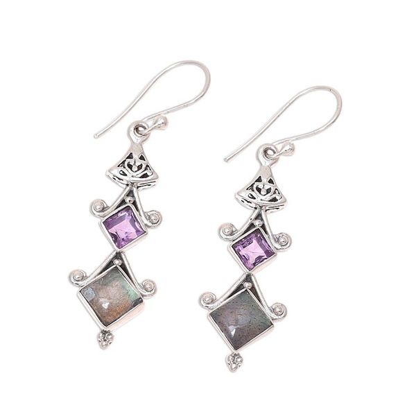 Alternate image for Square Labradorite and Amethyst Dangle Earrings from India Tower Charm