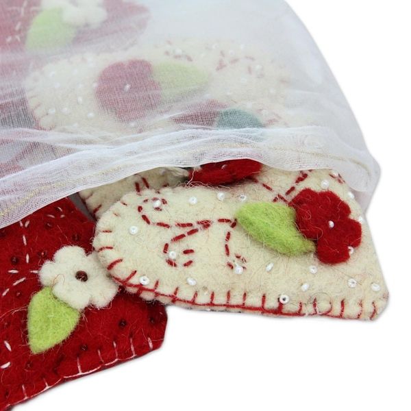 Alternate image for Handcrafted Felt Heart Ornaments in Red and Ivory Set of 4 Joyful Hearts