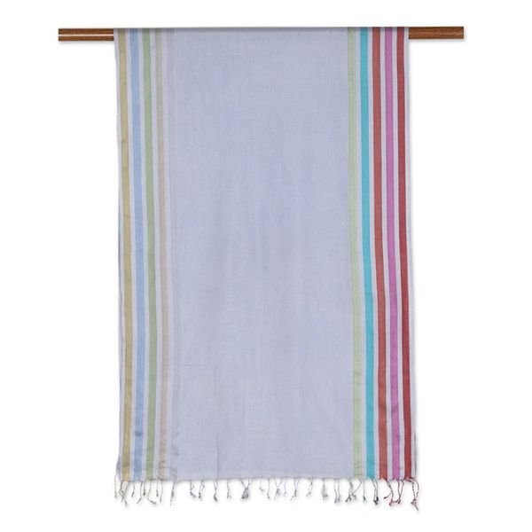 Alternate image for Indian Handloomed Striped Silk Shawl in Steel Blue Steel Blue Charm