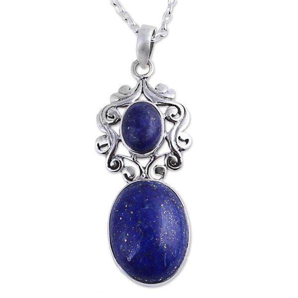 Alternate image for Handcrafted Deep Blue Lapis Lazuli Pendant Necklace Whimsical Tendrils