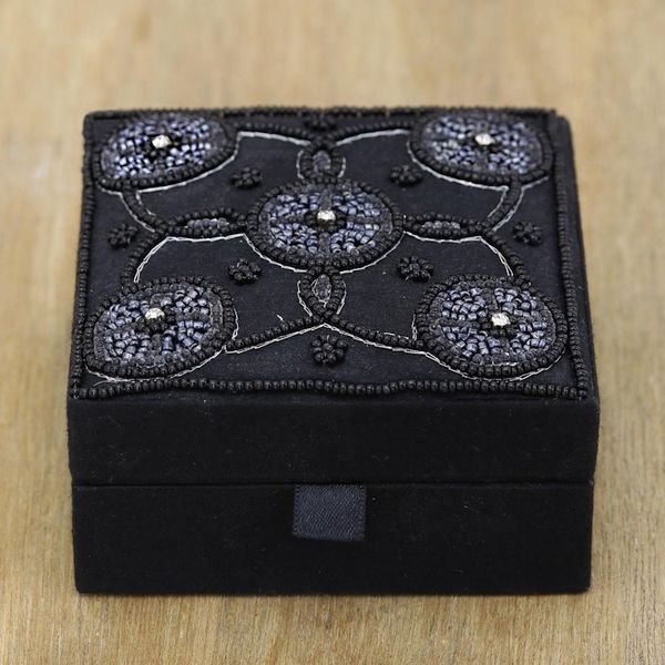 Alternate image for Handmade Black Cotton Beaded Jewelry Box from India Midnight Blooms