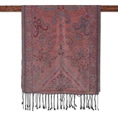 Alternate image for Reversible Jamawar Fringed Silk Scarf in Red Woven in India Magical Paisley
