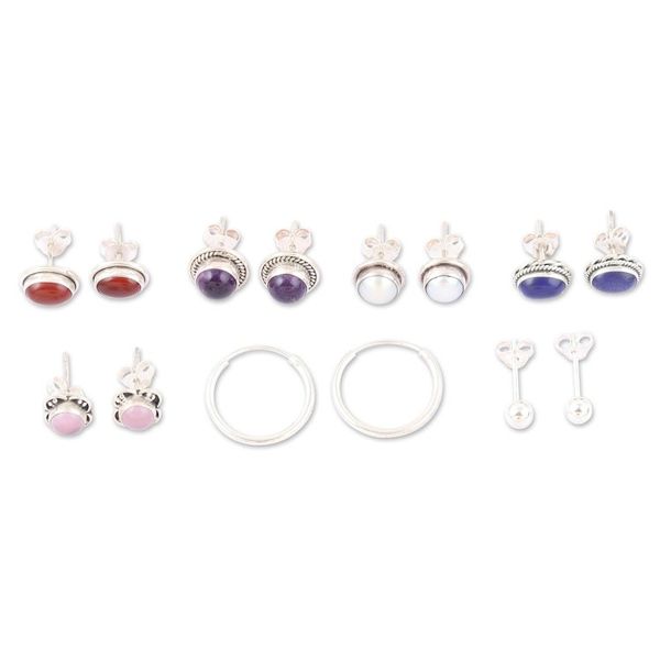 Alternate image for Set of 7 Polished Sterling Silver Earrings with Gemstones Precious Auras