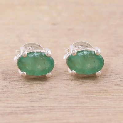 Alternate image for Faceted Green Oval Emerald Sterling Silver Stud Earrings Ravishing Green