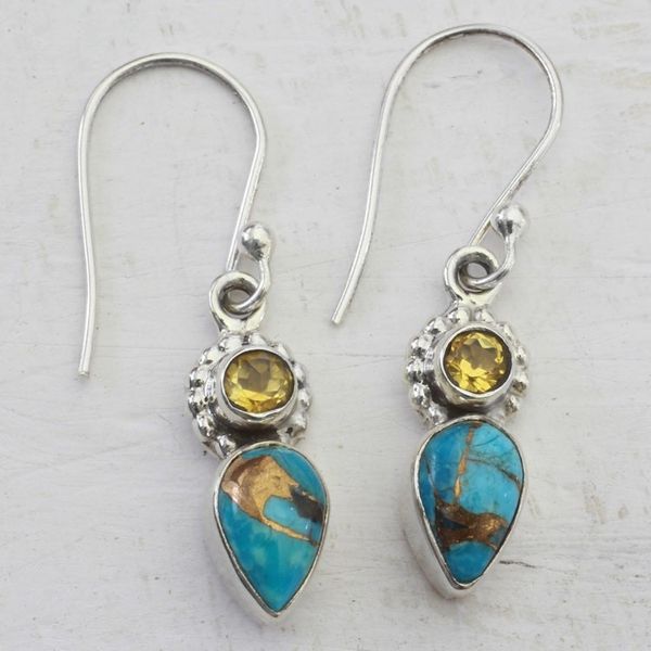 Alternate image for Citrine and Composite Turquoise Dangle Earrings from India Watery Allure