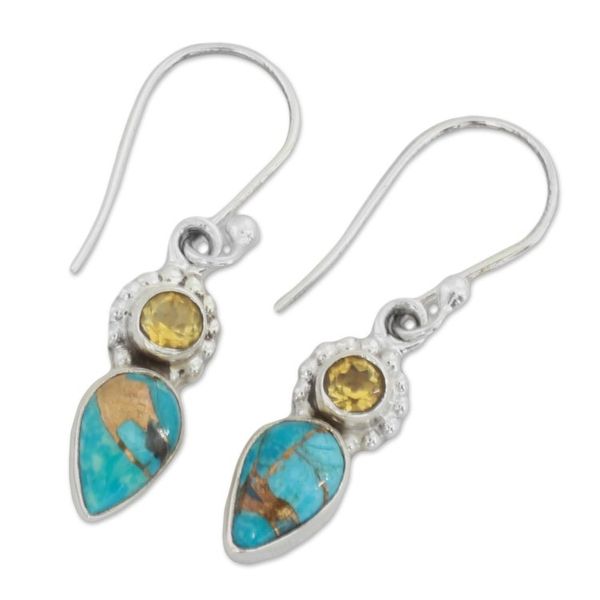 Alternate image for Citrine and Composite Turquoise Dangle Earrings from India Watery Allure