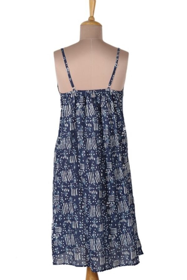 Alternate image for Sleeveless Indigo Cotton Nightgown with Printed Pattern Creative Indigo