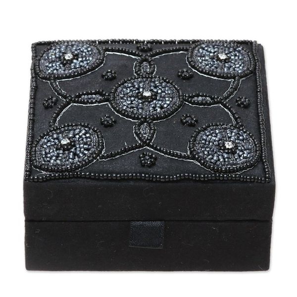 Alternate image for Handmade Black Cotton Beaded Jewelry Box from India Midnight Blooms
