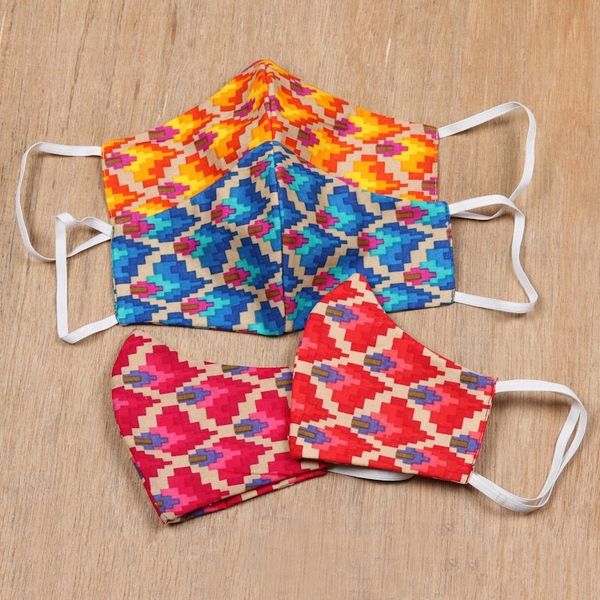 Alternate image for 4 Cotton Print 2-Layer Elastic Loop Face Masks from India Vibrant Quartet