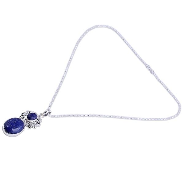 Alternate image for Handcrafted Deep Blue Lapis Lazuli Pendant Necklace Whimsical Tendrils