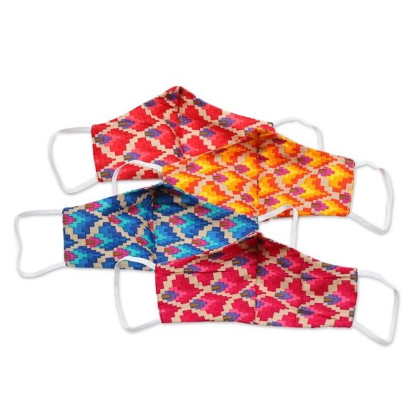 Alternate image for 4 Cotton Print 2-Layer Elastic Loop Face Masks from India Vibrant Quartet