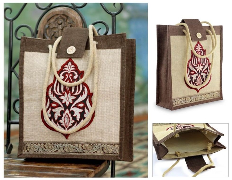 Floral Jute Embroidered Shoulder Bag 'Fire Blossom'