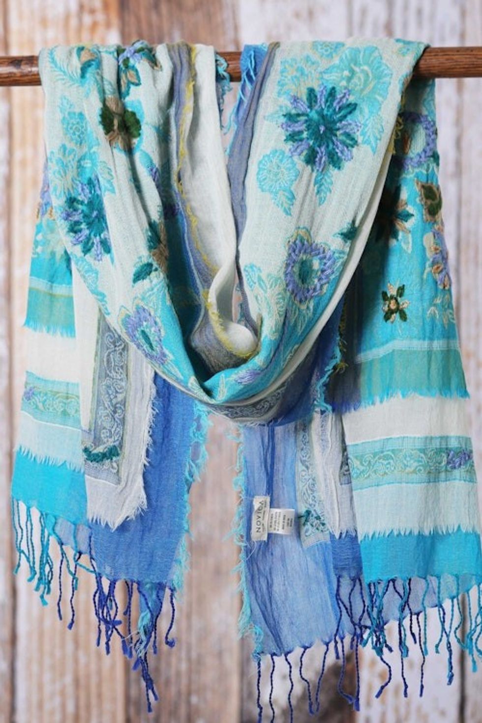 Hand-Embroidered Wool and Cotton Blend Shawl in Blue 'Floral Whispers'