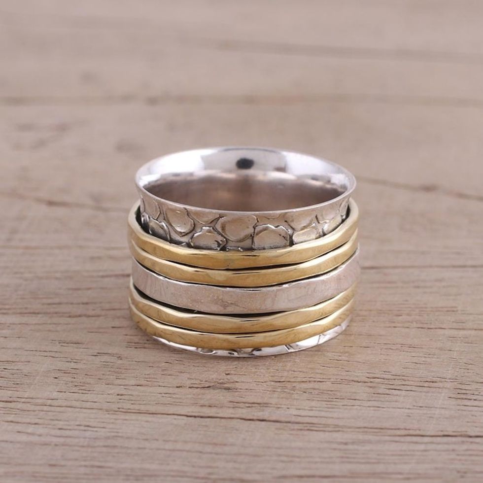 Handmade Sterling Silver and Brass Spinner Ring from India 'Five Rotations'