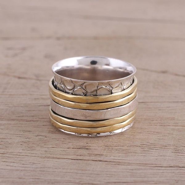 Alternate image for Handmade Sterling Silver and Brass Spinner Ring from India Five Rotations