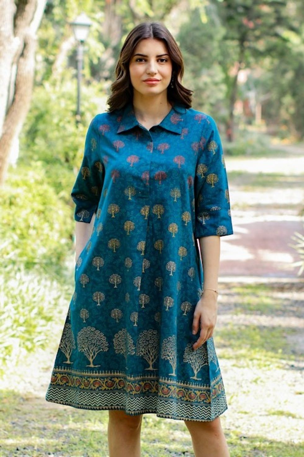 Hand Block-Printed Shirtdress 'Chanderi Garden'