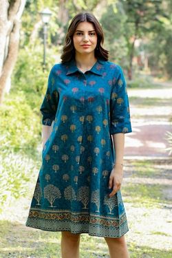 Image for Hand Block-Printed Shirtdress Chanderi Garden