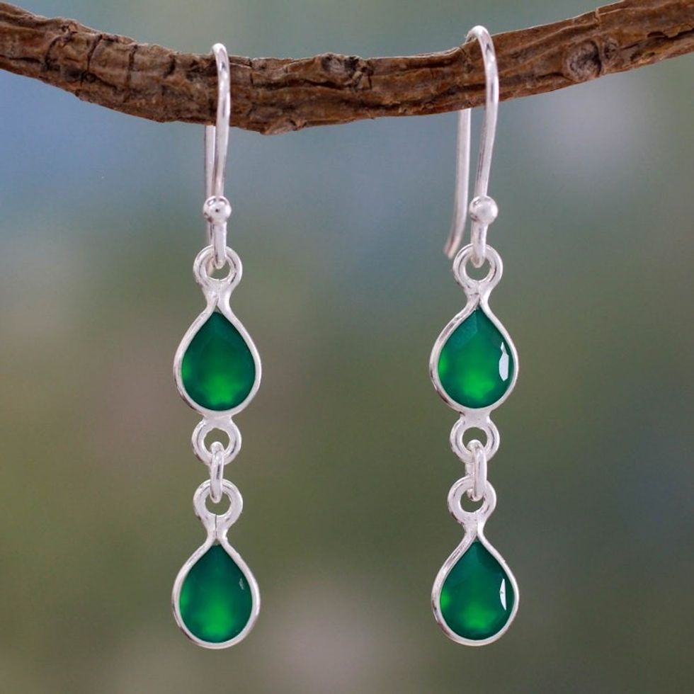 Fair Trade Sterling Silver and Green Onyx Earrings 'Mystical Femme'