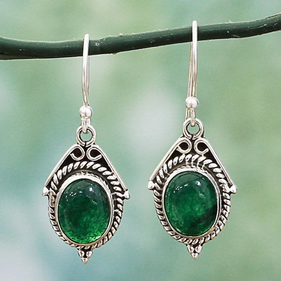 Hand Made Sterling Silver Green Onyx Dangle Earrings India 'Charming Green'