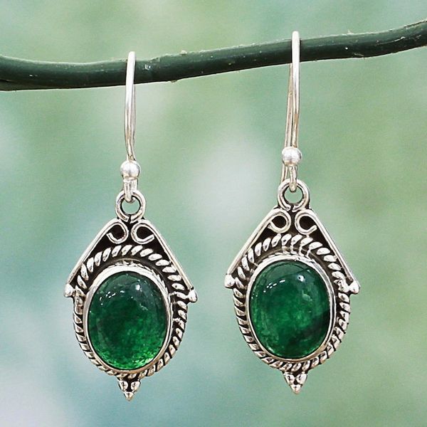 Alternate image for Hand Made Sterling Silver Green Onyx Dangle Earrings India Charming Green
