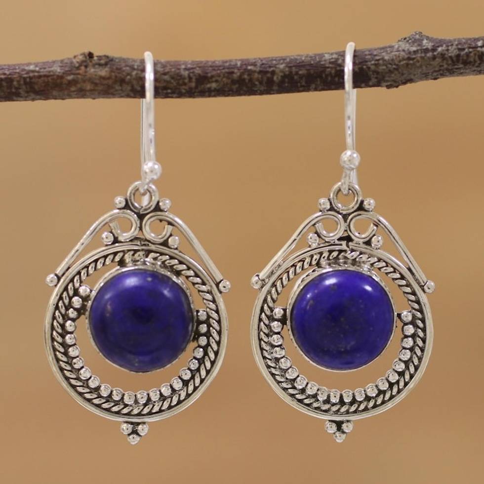 Lapis Lazuli and Sterling Silver Dangle Earrings from India 'Elegant Globes'