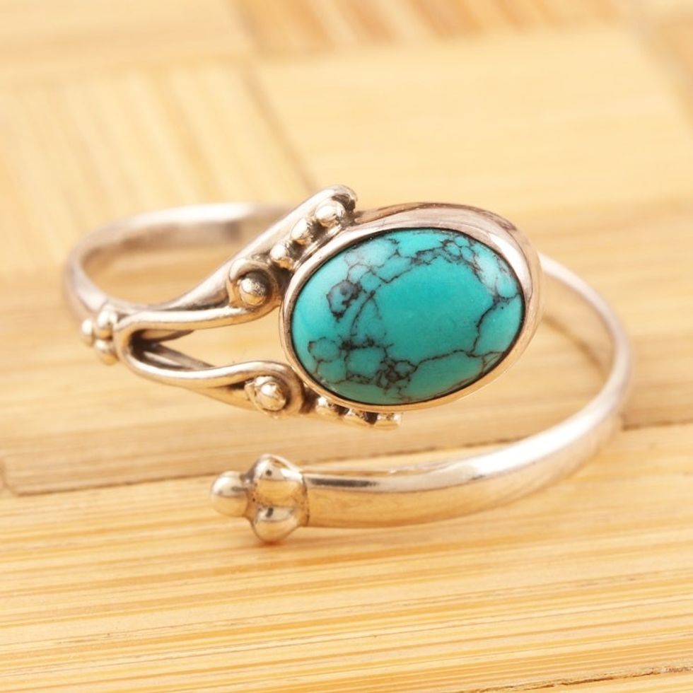 Hand Crafted Sterling Silver Wrap Ring from India 'Wrapped in Turquoise'