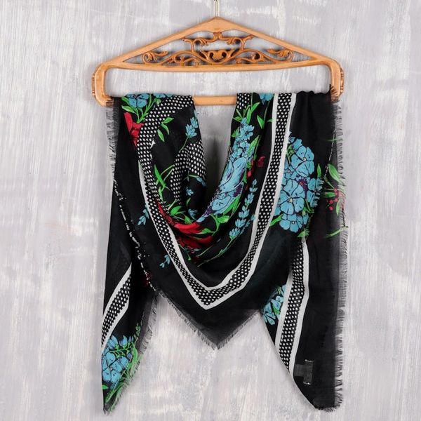 Alternate image for Screen Printed Wool Floral Scarf from India Cerulean Flowers
