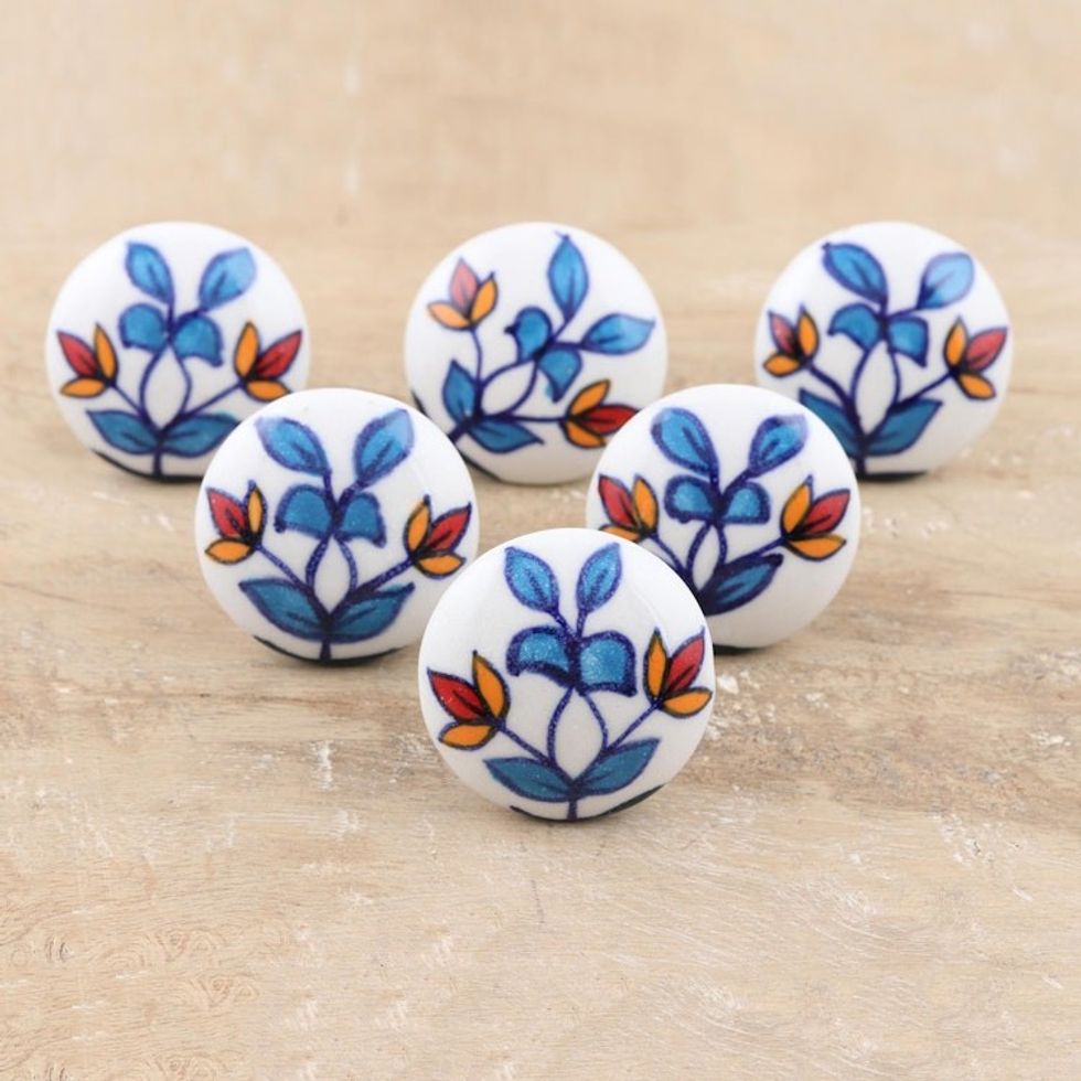 Hand-Painted Leaf-Motif Ceramic Knobs Set of 6 'Cheerful Leaves'