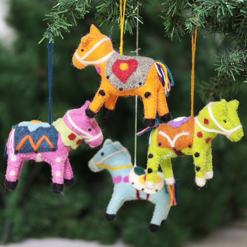 Set of 4 Colorful Embroidered Wool Felt Pony Ornaments 'Spring Ponies'