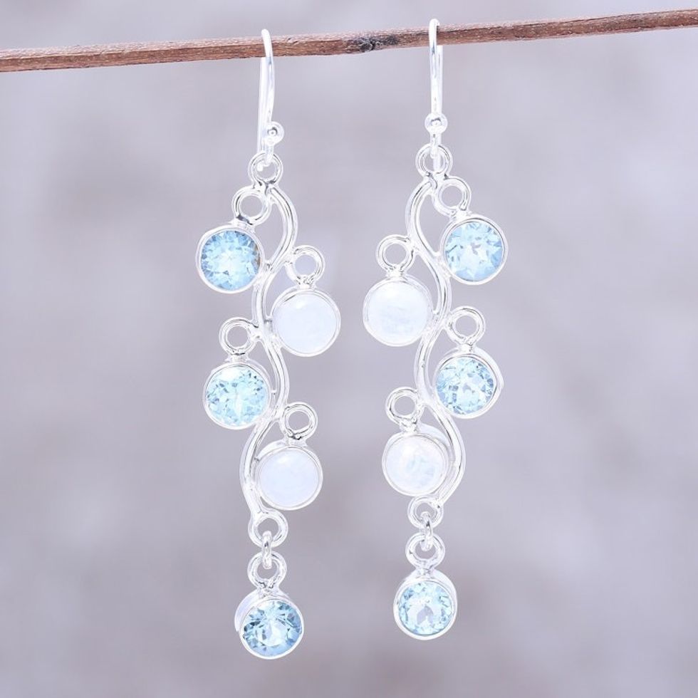 Blue Topaz and Rainbow Moonstone Earrings from India 'Morning Climber'