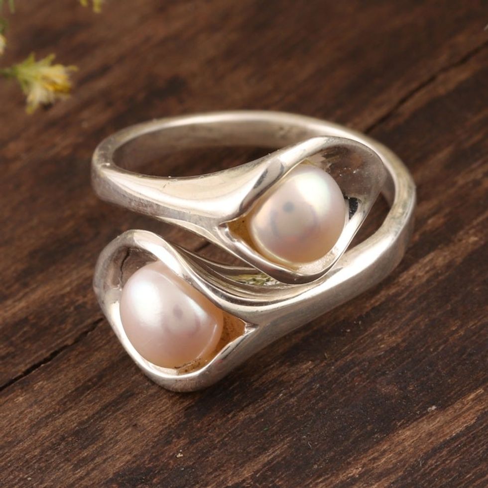 Lily Flower Cultured Pearl Wrap Ring from India 'Lily Twins'