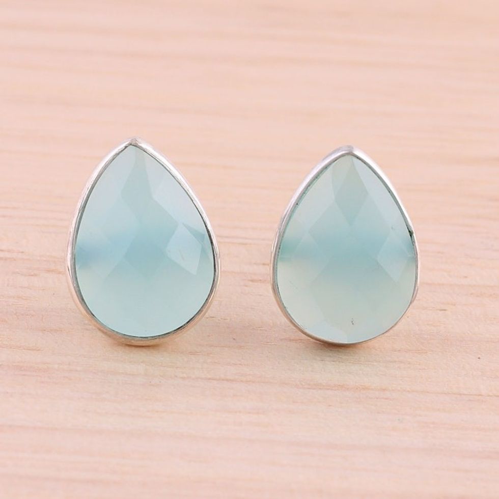 Aqua Chalcedony Sterling Silver Button Earrings from India 'Raindrop Prisms'