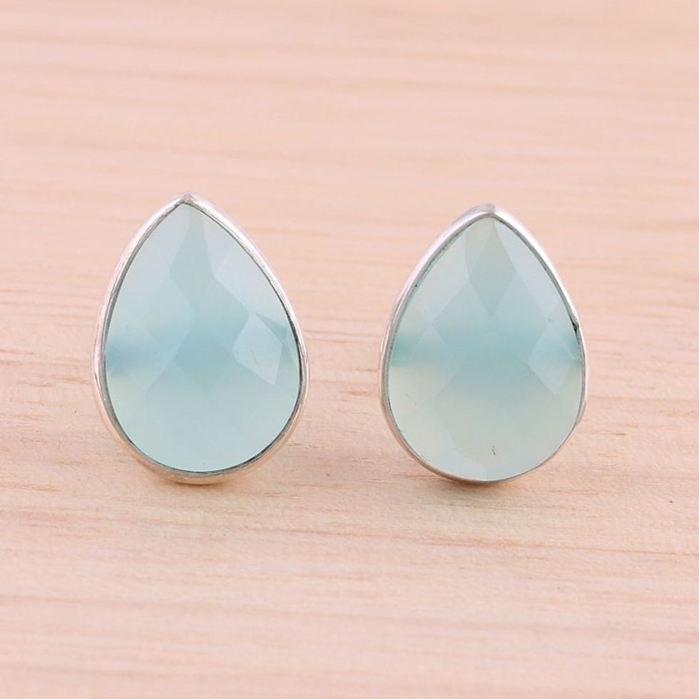 Aqua Chalcedony Sterling Silver Button Earrings from India 'Raindrop Prisms'