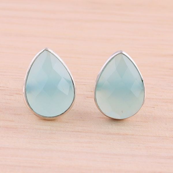 Alternate image for Aqua Chalcedony Sterling Silver Button Earrings from India Raindrop Prisms