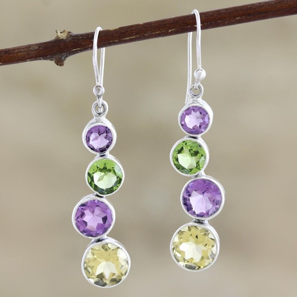 Amethyst and Peridot Dangle Earrings 'Three Friends'