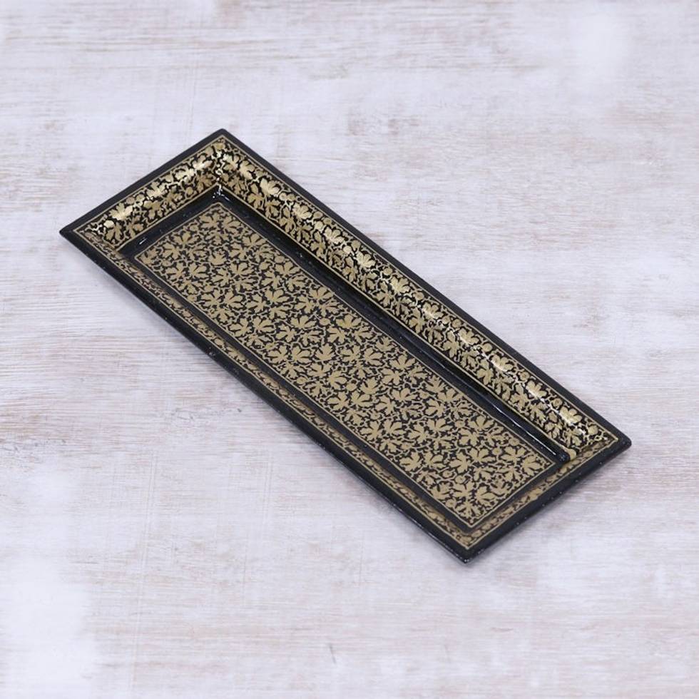 Leaf Motif Papier Mache and Wood Decorative Tray from India 'Leaves of the Valley'